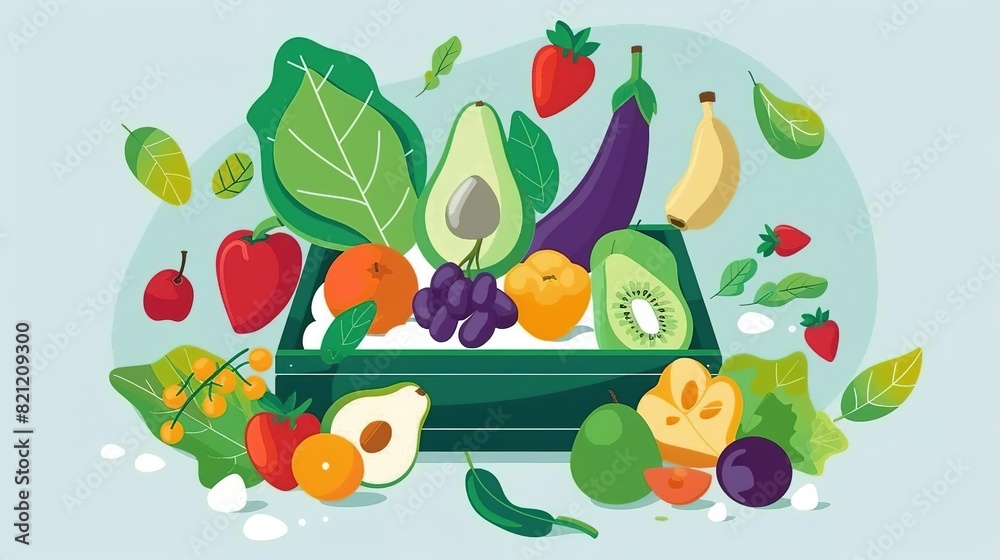 Colorful fruits and vegetables are arranged in a wooden crate. The crate is open, and some of the produce is spilling out. The background is a light blue color.