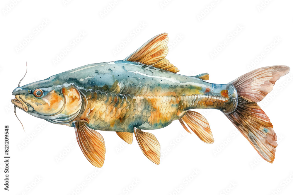 Naklejka premium Catfish, Pastel-colored, in hand-drawn style, watercolor, isolated on white background
