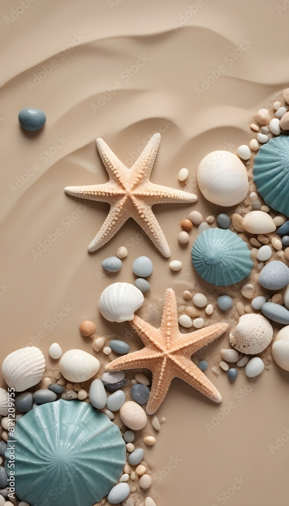 Colorful starfish and seashells on a sandy beach with waves in the background Colorful starfish and seashells on a sandy beach with waves in the background