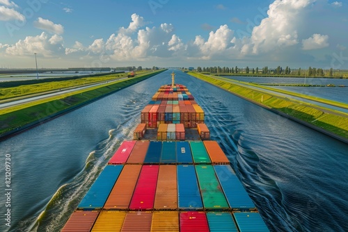 Strategic Container Ship Navigating Canal - Global Logistics Chokepoint, Critical Trade Route photo