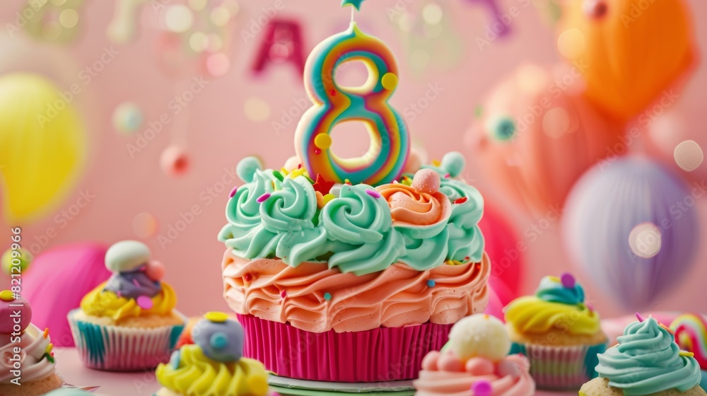 Colorful Birthday Cake with Sparkly Number 8 and Multicolored Sprinkles - Ideal for Celebrations, Cards, Posters