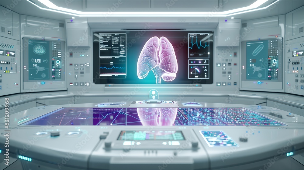 Futuristic Medical Lab with Holographic Lung Display Futuristic Medical Lab with Holographic Lung Display