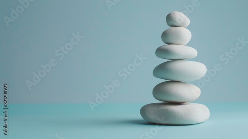 A stack of white rocks balances gracefully on a smooth blue surface