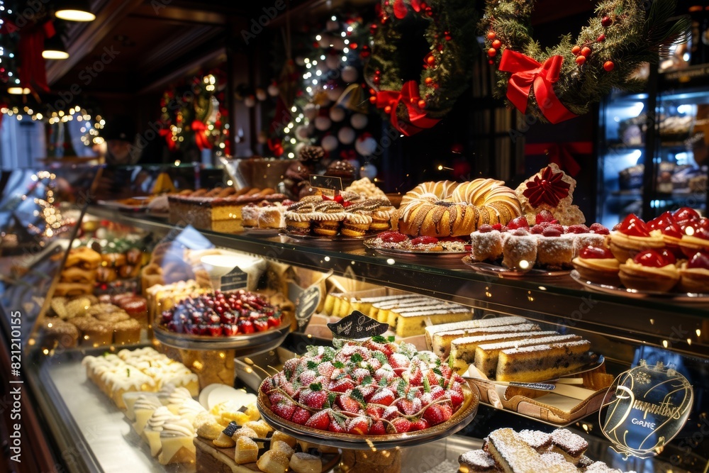 Festive Holiday Patisserie Display With Traditional European Decorations and Seasonal Pastries Festive Holiday Patisserie Display With Traditional European Decorations and Seasonal Pastries