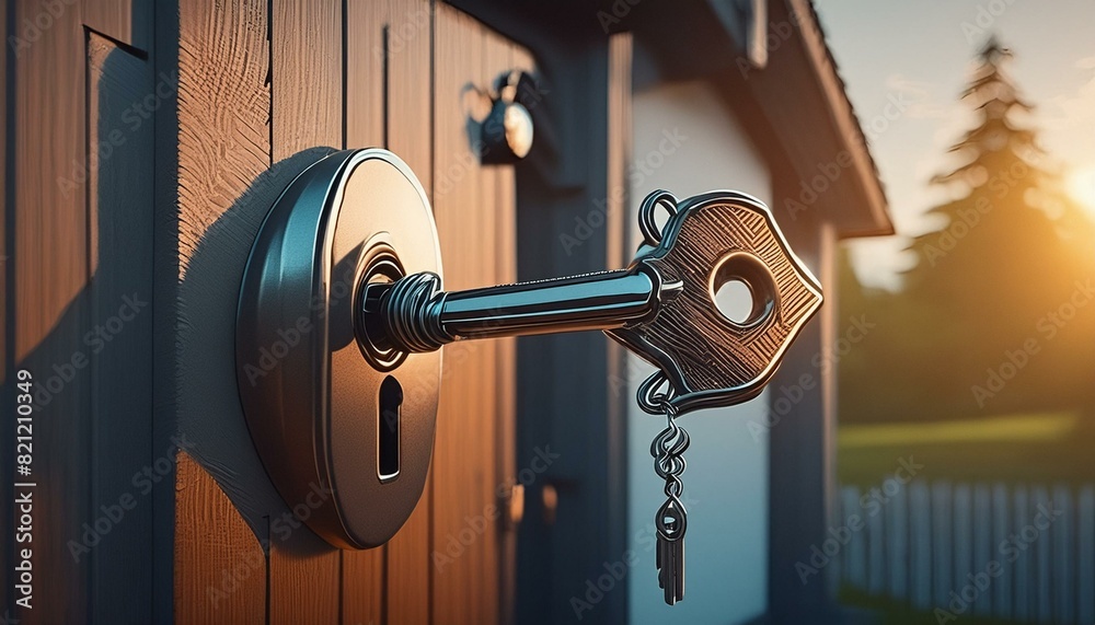 Landlord key for unlocking house is plugged into the door. Second hand house for rent and sale. keychain is blowing in the wind. mortgage for new home, buy, sell, renovate, Ai Generate Landlord key for unlocking house is plugged into the door. Second hand house for rent and sale. keychain is blowing in the wind. mortgage for new home, buy, sell, renovate, Ai Generate
