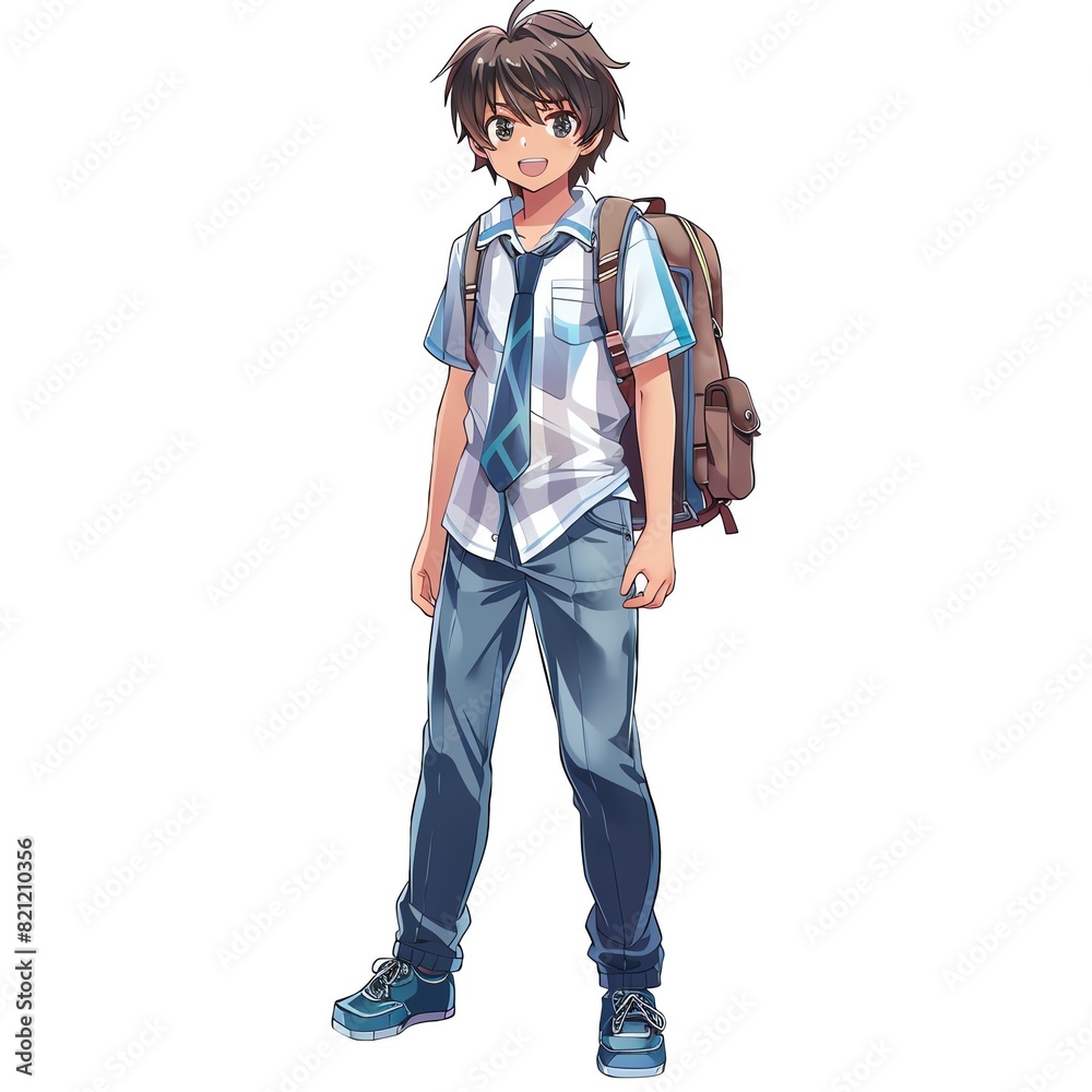 Anime-style character with brown hair wearing casual clothes and a backpack, standing confidently. Perfect for educational and lifestyle themes. Anime-style character with brown hair wearing casual clothes and a backpack, standing confidently. Perfect for educational and lifestyle themes.