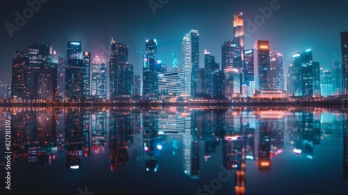 Skyscrapers reflecting in the calm waters of a river  creating a stunning cityscape.
