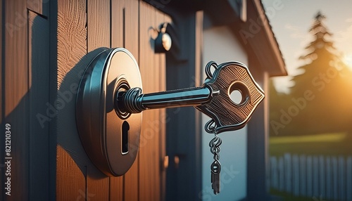 Landlord key for unlocking house is plugged into the door. Second hand house for rent and sale. keychain is blowing in the wind. mortgage for new home, buy, sell, renovate, Ai Generate 