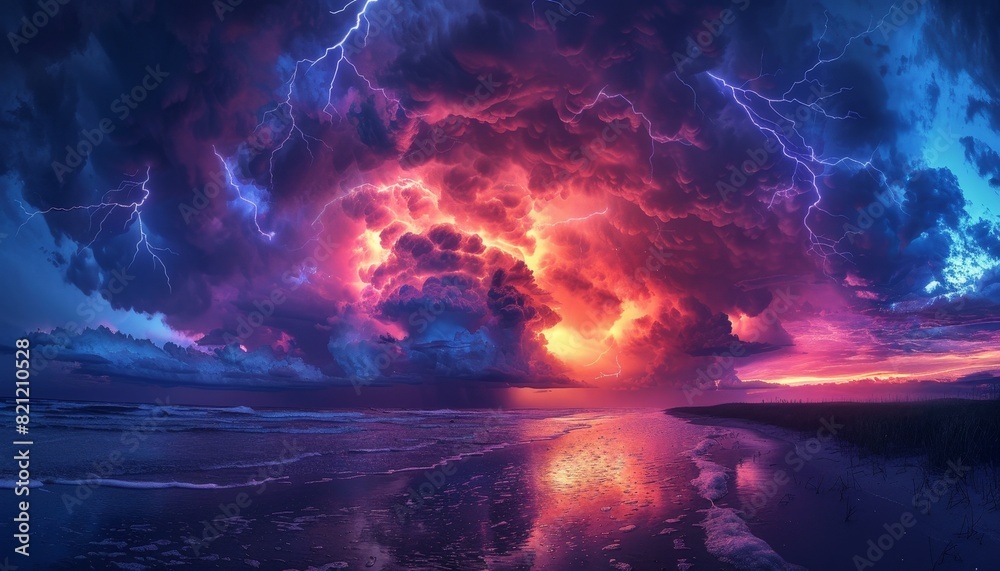 A beautiful and colorful sky with a stormy ocean and a beach by AI generated image