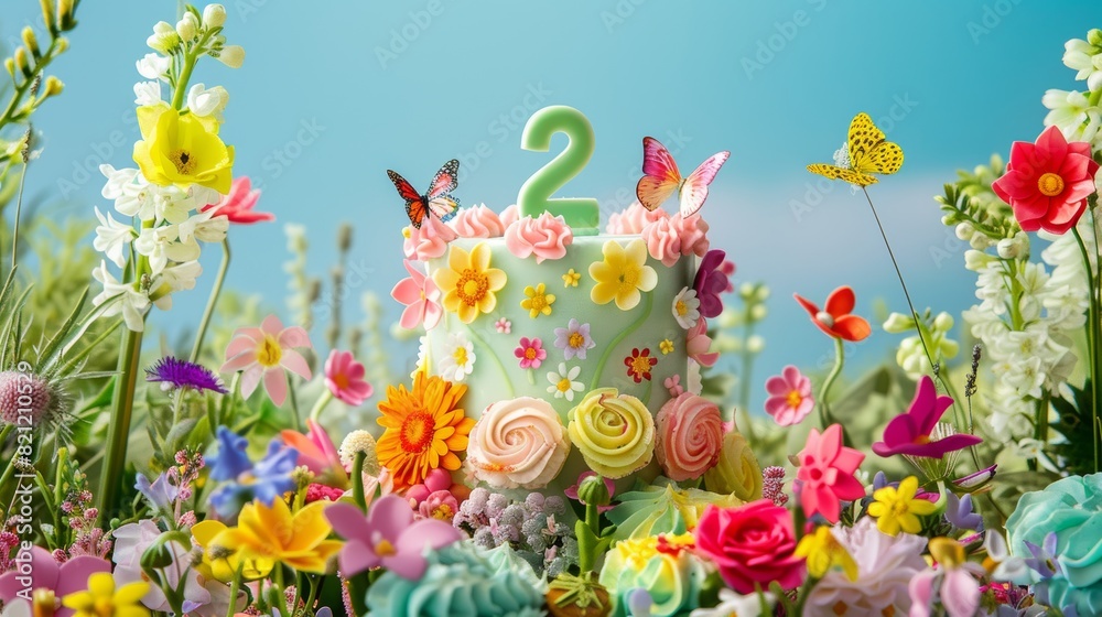 Garden Party Birthday Cake: Number 2 Topper, Edible Flowers & Butterflies, Blue Sky Backdrop