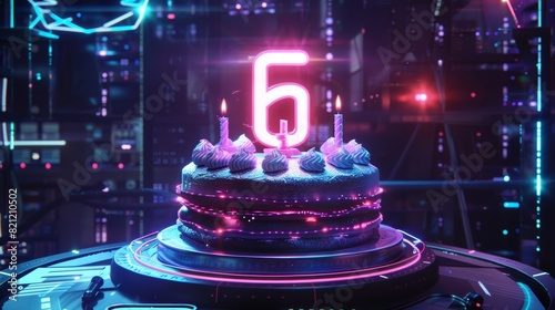 Futuristic Sci-Fi Birthday Banner with Neon Number 6 Cake and Laser Lights - Perfect for Modern Celebrations