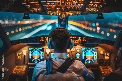 Focused Commercial Pilot in Cargo Plane Cockpit Approaching Runway for Safe Landing - Aviation and Aerospace Theme for Print, Poster, or Card