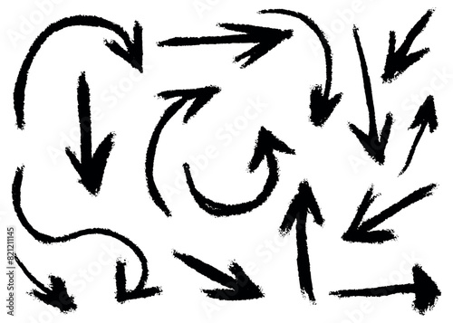 Charcoal hand draw arrows collection. Doodle chalk grunge arrows set. Brush strokes, artistic grunge vector arrows