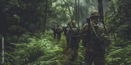 Soldiers in camouflage gear march through a misty forest during a military exercise photo