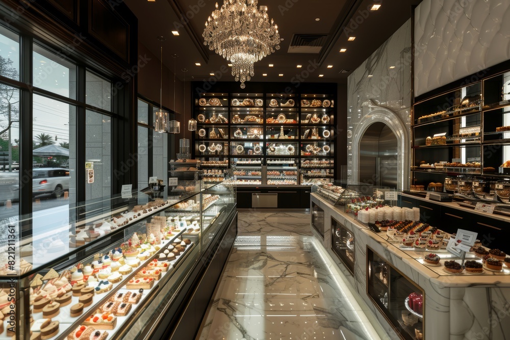 Luxurious Dessert Boutique with Modern Design Showcasing Exquisite Pastries and Elegant Display