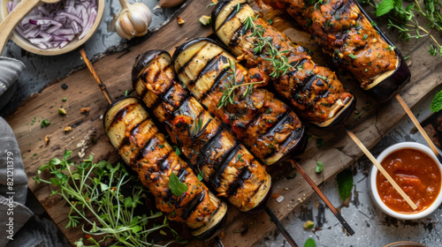 Elevated view of appetizing ukrainian shashlik skewers and grilled zucchini, accompanied by fresh herbs and sauces on a rustic tabletop photo