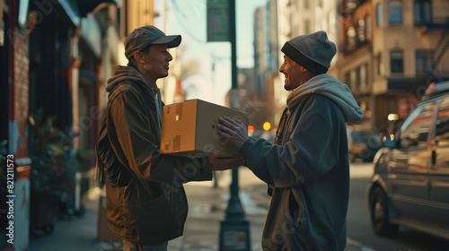 A delivery person in a cap hands over a package to a recipient on a city street, capturing a moment of cheerful interaction between them. photo