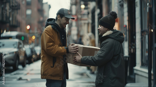 A delivery person in a cap hands over a package to a recipient on a city street, capturing a moment of cheerful interaction between them. photo