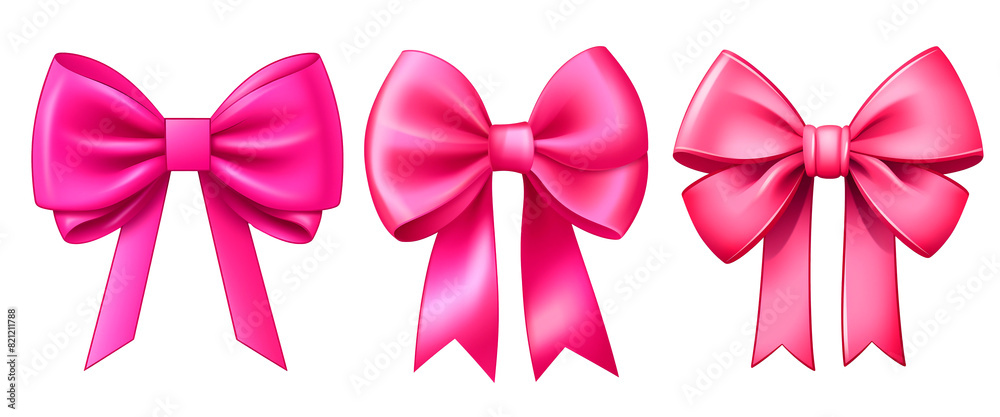Set of three hot pink bows on white background. Coquette ribbon bows illustration.