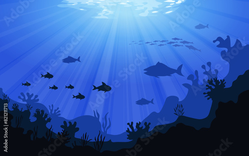 Underwater ocean fauna. Deep sea plants, fishes and animals. Marine seaweed, fish and animal silhouette vector. Underwater ocean fauna. Deep sea plants, fishes and animals. Marine seaweed, fish under