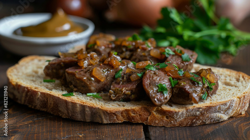 Rustic ukrainian dish with liver on rye bread, caramelized onions, and fresh herbs, close-up on a wooden table