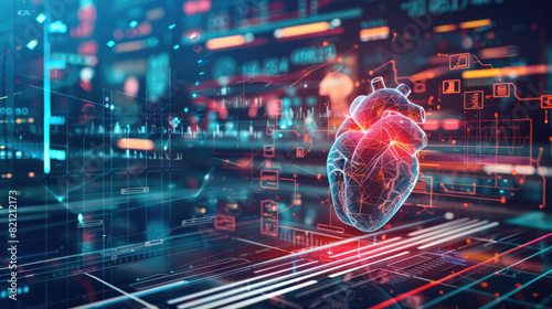 A digital representation of a human heart with health monitoring graphs and data, symbolizing advanced medical technology and diagnostics.