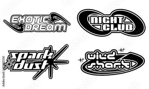 Y2K Logo Graphic Assets frame Design, Lettering design. Big collection of typography or typeface abstract graphic Pack. y2k elements. stickers, posters, banners, logo, streetwear. Vector illustration
