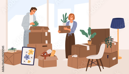 Young couple is preparing to move. Packing apartment things. Boxes heap. Unpacking interior items. Relocation in new home. Cardboard containers. Family relocating. Garish vector concept