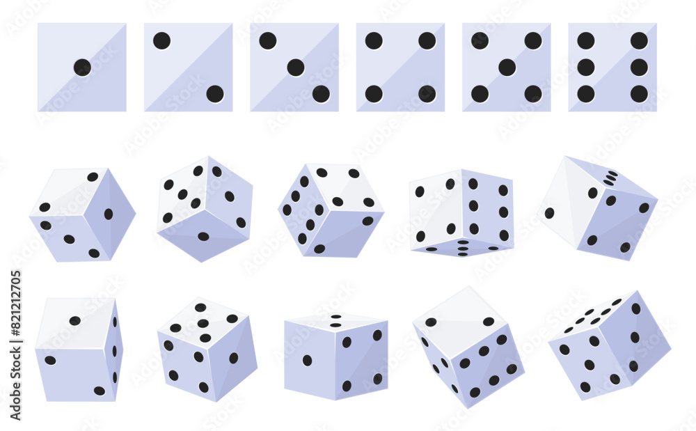 White casino dice. Gamble and board games. 3D cubes top and side view. Black dot numbers. Different angles positions. Square shapes. Craps and poker. Bone throwing. Gambling vector set White casino dice. Gamble and board games. 3D cubes top and side view. Black dot numbers. Different angles positions. Square shapes. Craps and poker. Bone throwing. Gambling vector set