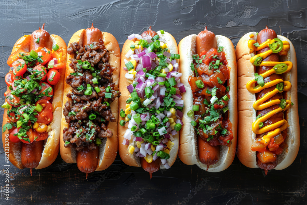 Assorted gourmet hot dogs with various toppings, perfect for summer picnics and casual dining. Assorted gourmet hot dogs with various toppings, perfect for summer picnics and casual dining.