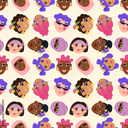 Quirky female portraits seamless pattern. Modern women faces front view. Different haircuts or makeup. Doodle girl heads. Multiethnic people. Repeated print. Garish vector background