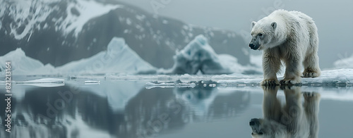 Polar bear on ice floe, reflection in the arctic sea, melting icebergs, polar environment. Symbol of climate change, global warming. Ice bears are threatened with starvation. Ice and permafrost melts. photo