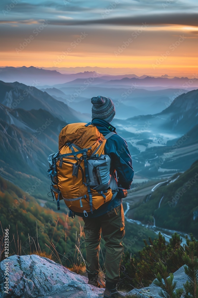 Backpacker with a large backpack standing at a mountain viewpoint, looking out over a scenic valley at sunrise, sense of adventure and exploration, copy space Backpacker with a large backpack standing at a mountain viewpoint, looking out over a scenic valley at sunrise, sense of adventure and exploration, copy space
