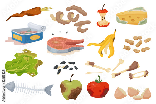 Natural organic waste. Spoiled vegetables or fruits. Rotting food. Moldy products with expired shelf life. Recyclable garbage. Cheese with mildew. Stinking canned fish. Recent vector set