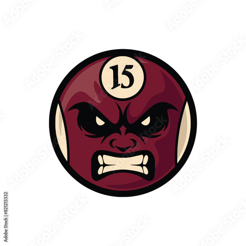 Billiard ball vector illustration with angry face. Angry pool ball. Ball number fifteen
