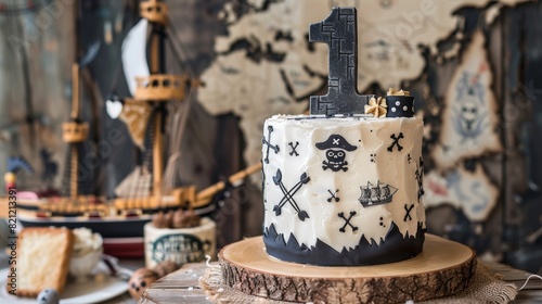 Pirate-Themed First Birthday Cake with Black Flag and Treasure Map Design - Ideal for Adventure Party Decor