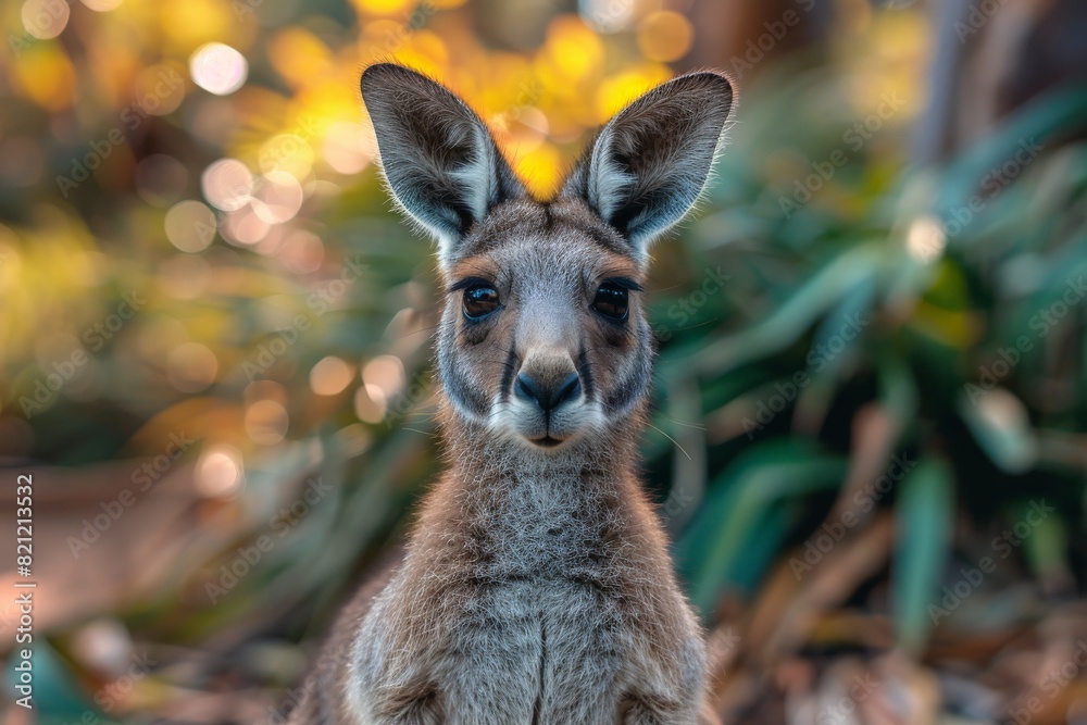Fototapeta premium Adorable kangaroo facing camera with a soft background glow and natural setting