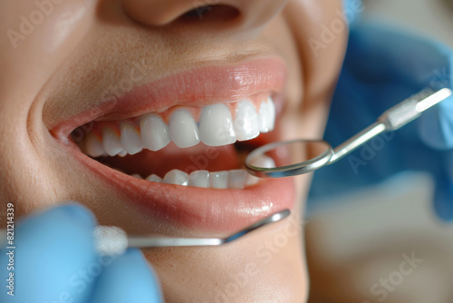 Healthy white teeth of woman close up in dentist office on routine examination  taking care of healthy smile close up 
