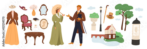 Gentleman and lady accessories. Aristocrats in Victorian clothing. Retro outfits. Vintage objects. 19th century European fashion. Couple walk in park. Home furniture. Garish vector set