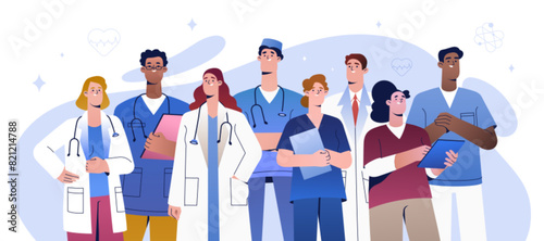 Group of happy doctors or medical team in hospital. Multiethnic nurses, young interns or physician specialists in uniform. Flat medics, healthcare workers or medic characters. Smiling staff in clinic.