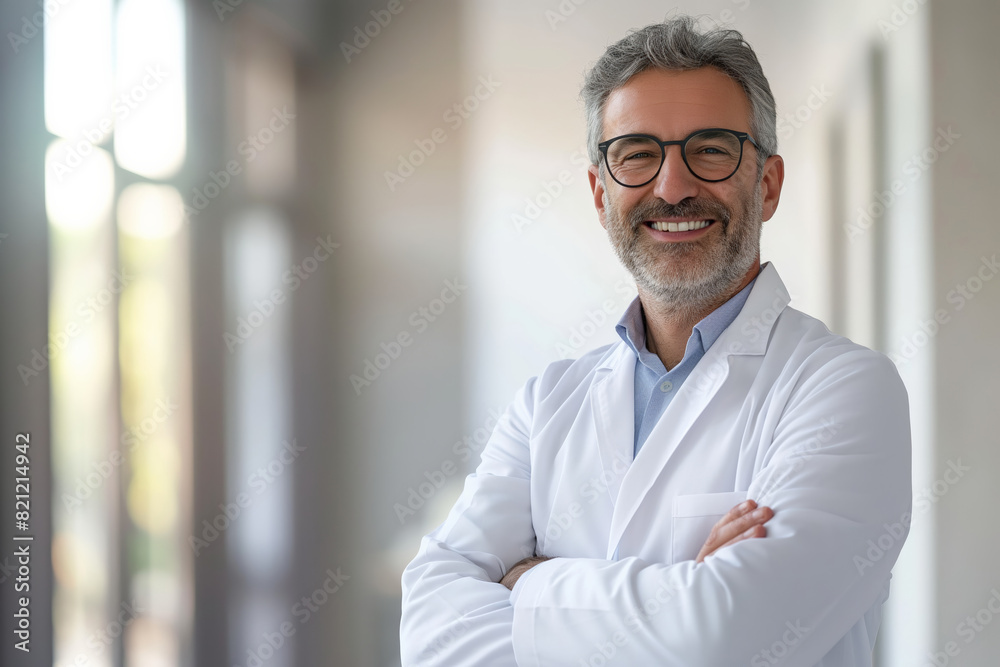Smiling male doctor with glasses in lab coat, standing confidently, arms crossed, in bright room background Smiling male doctor with glasses in lab coat, standing confidently, arms crossed, in bright room background