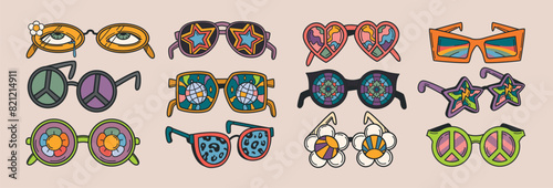 Funky groovy sunglasses set in circle, heart, daisy flower or star shape. Summer psychedelic eyeglasses with trippy eyes, leopard print and disco ball in retro 70s hippie style. Vintage hippy eyewears photo