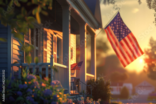 United States flag hanging on front porch of house with sunset in background, flag day or patriotism theme 