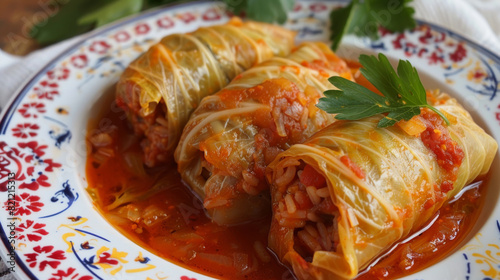 Close-up view of ukrainian stuffed cabbage rolls, known as holubtsi, served on an ornate plate with fresh herbs photo
