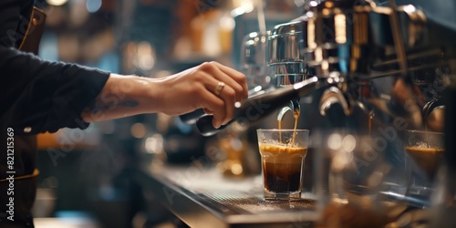 Barista expertly operates an espresso machine in a dimly lit cafe, showcasing the art of coffee-making photo