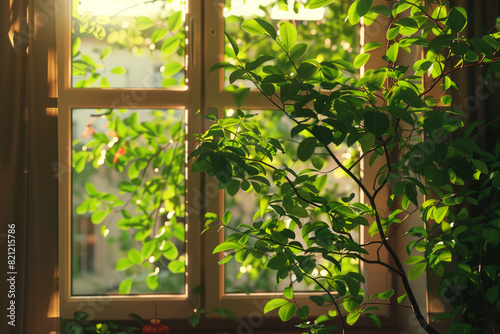 Window with branches and green leaves close up 