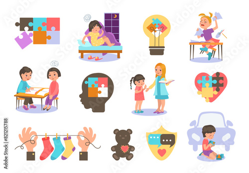 Autistic kids. Children with autism spectrum mental disorder. Puzzles love heart. Naughty girl in school. Hands and human head. Special boys and girls behavior. Splendid vector set