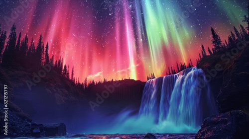 Aurora with red, purple and green gradient color, over the national park with beautiful waterfall, forest, campsite. Generative AI.