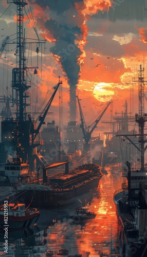 Industrial Harbor at Dawn with Workers and Ships - Nautical Transportation, New Beginnings photo