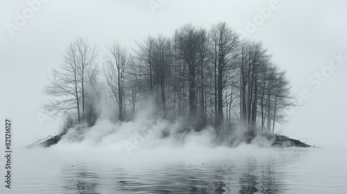 a foggy island with trees and water in the foreground